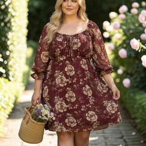 AUW FLORAL DRESS 2X. CHIFFON, LONG SLEEVE ABOVE KNEE DRESS. LINED. SMOCKED BACK